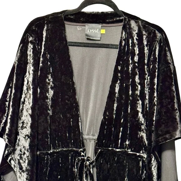 LYSSÉ Willa Black Crushed Velvet Tassel Tie Oversized Wide Sleeve Kimono Medium - Picture 3 of 12